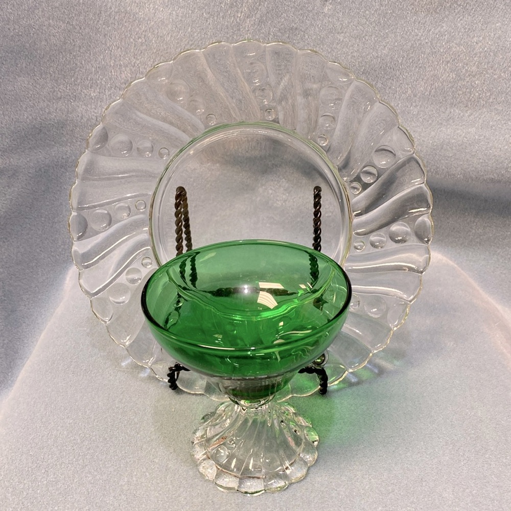 2 Each Anchor Hocking Burple 2-Green Sherbet Glasses and 2-Dessert Plates